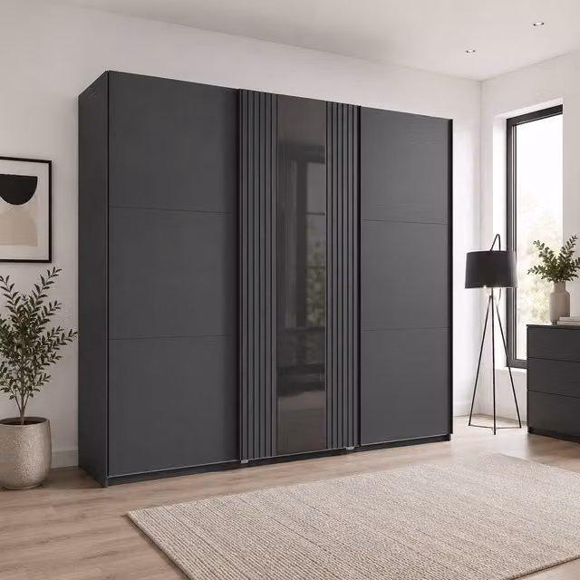 Atlanta Graphite 300cm Sliding Door Wardrobe with Mirror in Grey