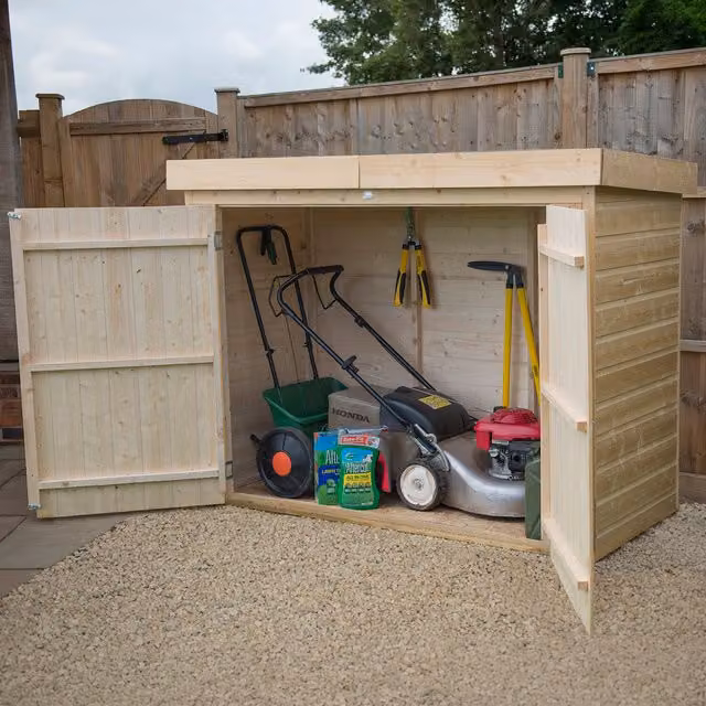 Forest Shiplap Large Outdoor Pent Store with Double Doors in Green and Beige Wood
