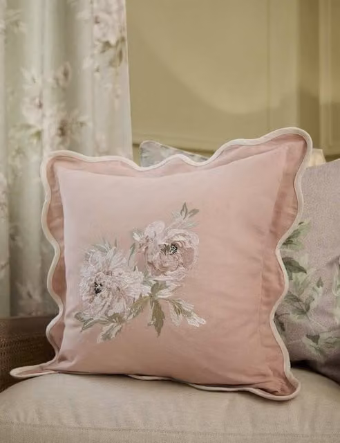 Sanderson Adele Floral Embroidered Pure Cotton Square Cushion in Pink Mix