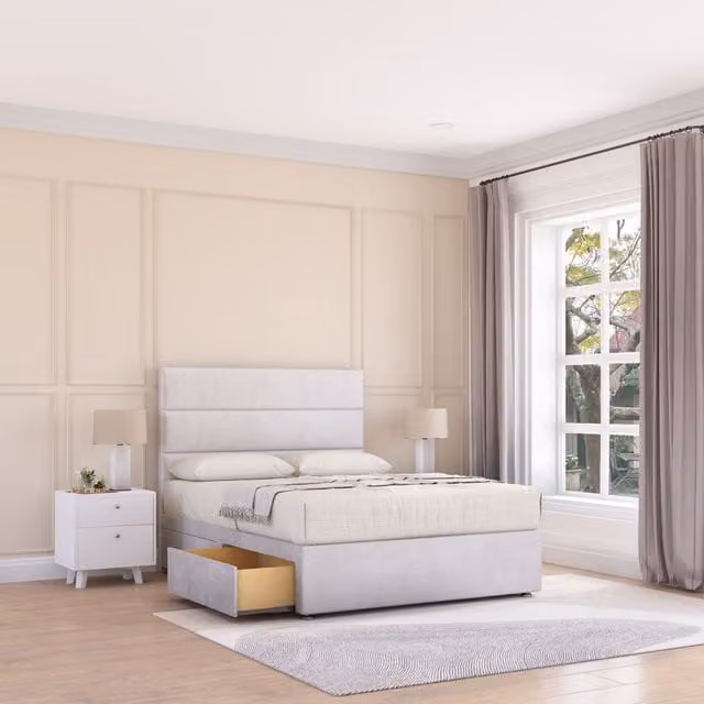 Sloomy Texas Super King Divan Bed Base with 2 Drawers and 26 inch Struts Headboard in Silver Striped Fabric, W/D/H: 200 x 200 cm