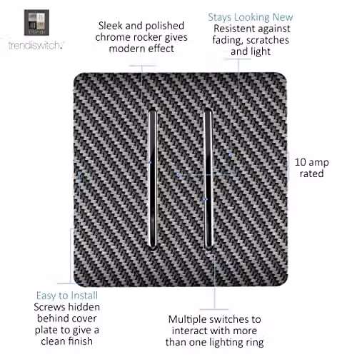Trendi 2 Gang 2 Way 10 Amp Electrical Wall Light Switch with Carbon Fibre Chrome Rocker and Black Plastic Raised Front Plate – 2