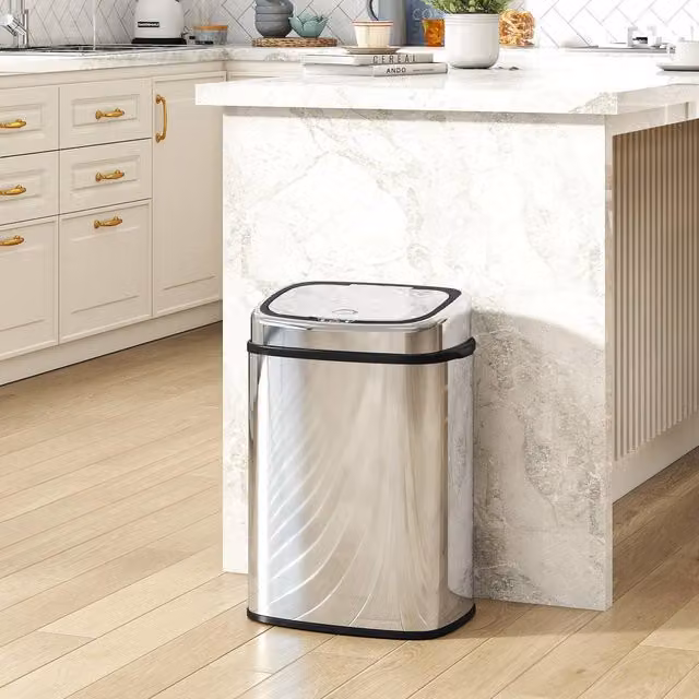 HOMCOM 50L Sensor Bin, Fingerprint-Proof Stainless Steel Kitchen Bin in Silver – 1