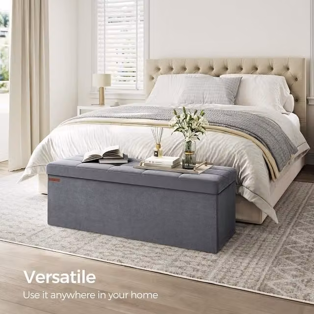 SONGMICS Foldable Small Storage Ottoman Foot Rest in Grey Velvet Fabric