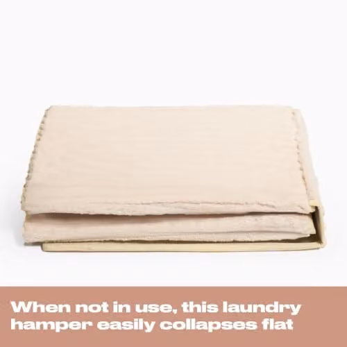 OHS Collapsible Ribbed Faux Fur Laundry Basket with Lid and Handles, Beige, W: 45 cm, D: 49 cm, H: 31 cm – 3