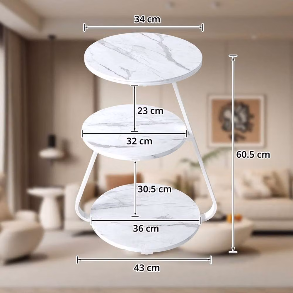 EONLION 3-Tier Modern White Marble Sofa Side Table with LED Light and Sled Base, Height: 100 cm – 2