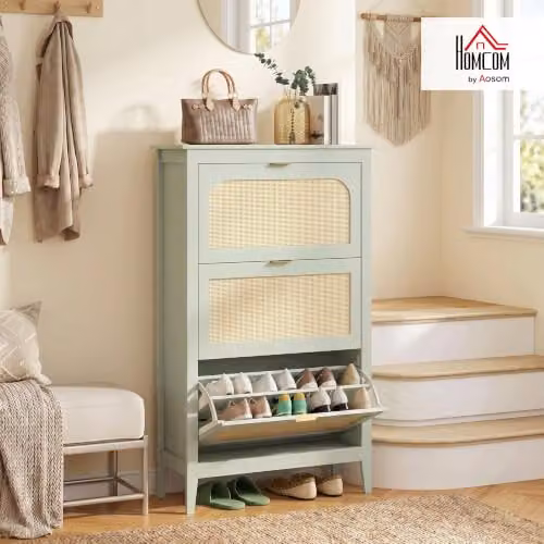 HOMCOM Boho Slim Shoe Cabinet with Rattan Doors, Holds 21 Pairs, Green – 2