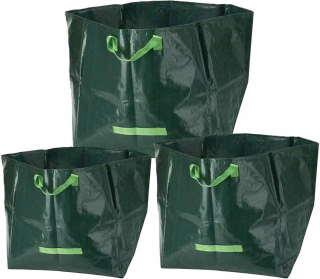 GEEZY Set of 3 Large Heavy Duty Plastic Garden Waste Bags with Handles, Green