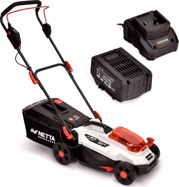 NETTA 40V Cordless Lawnmower in Black and White with 43cm Cutting Width, Rechargeable Battery, Quick Charger and Collection Bag