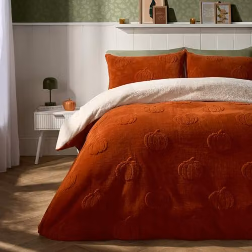 OHS Pumpkin Tufted Teddy Fleece Double Duvet Set with Pillowcases, Orange, Duvet Cover W/D/H: 200 x 200 cm, Pillowcase W/D/H: 50 x 75 cm