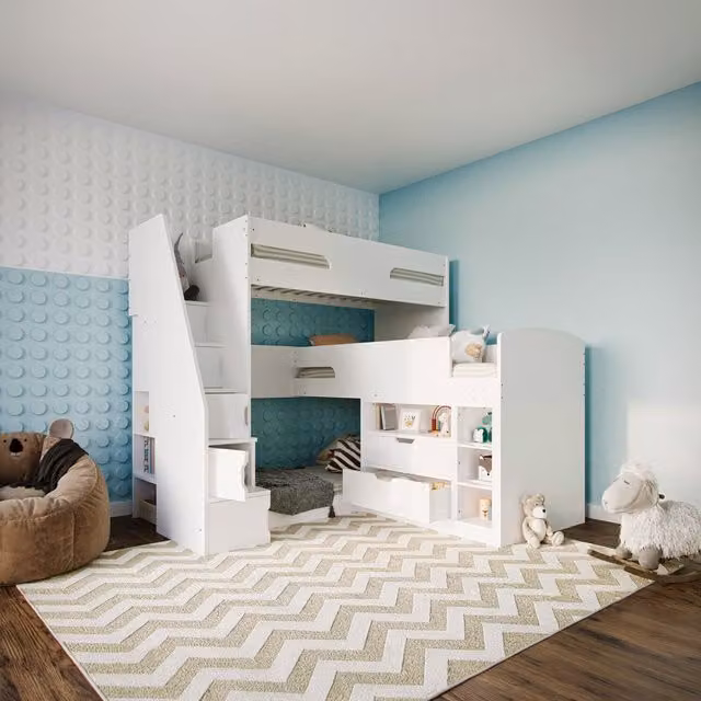 Flair Oscar Triple Bunk Bed in White with Stairs and Drawers