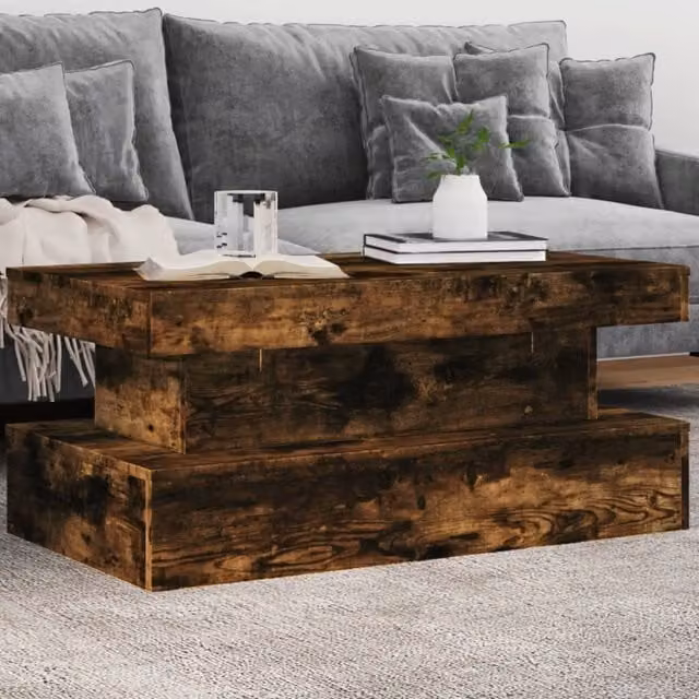 Berkfield Home Modern Rectangular Coffee Table with LED Lights in Smoked Oak Brown, W: 90 cm, D: 50 cm, H: 40 cm