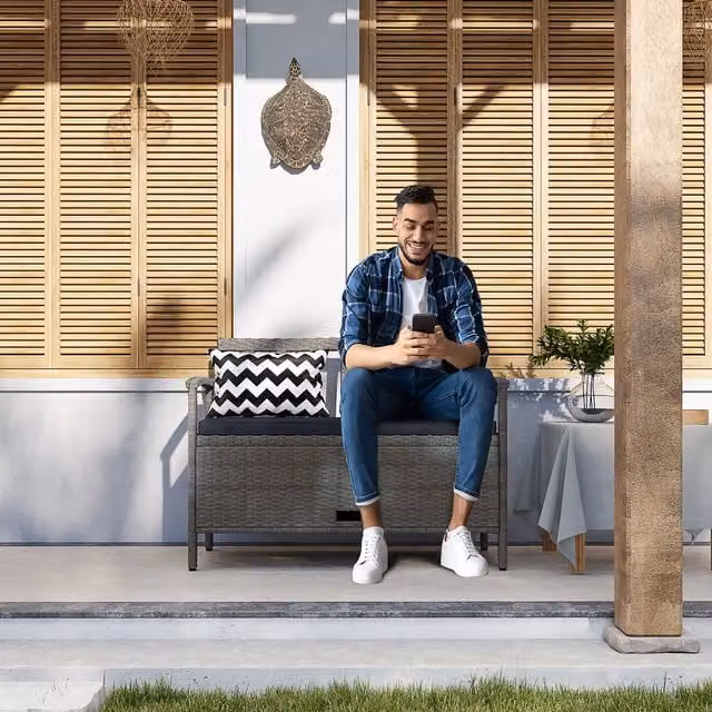 Outsunny Modern Grey Rattan Garden Storage Bench with Cushion and Pillows