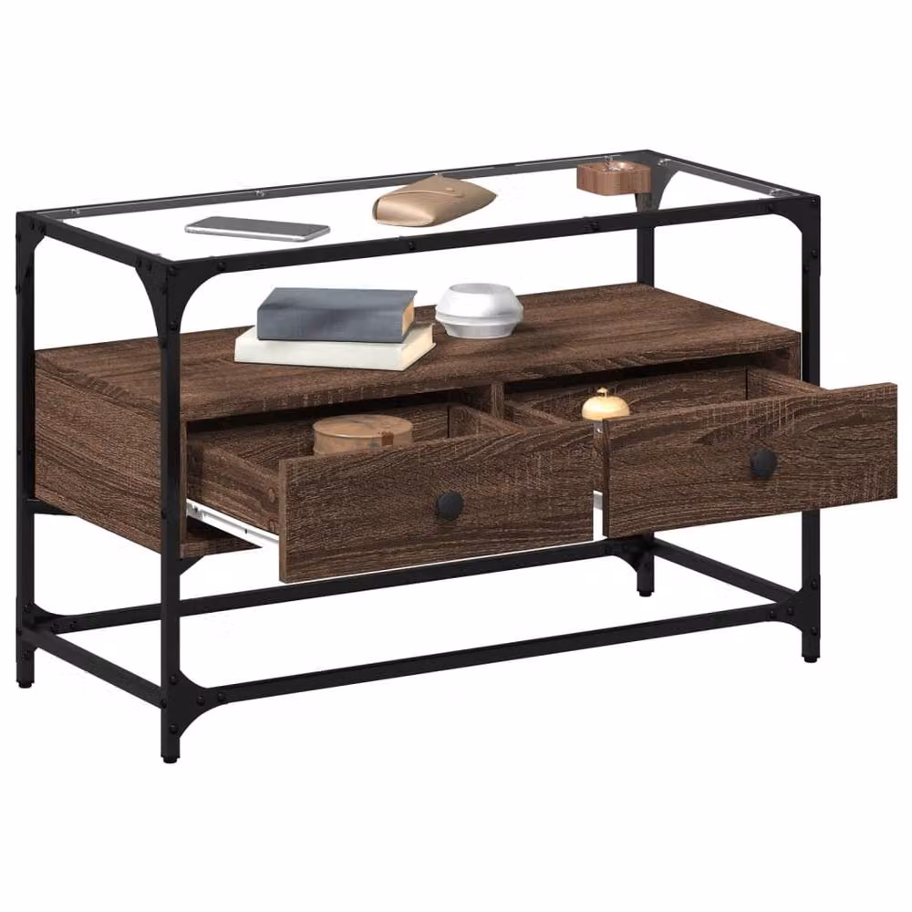 Berkfield Home Industrial TV Cabinet with Glass Top in Brown Oak, W/D/H: 80 x 35 x 51 cm – 3