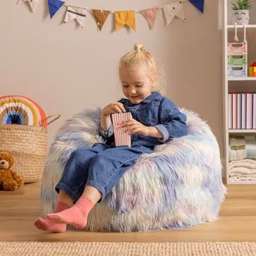 ICON Kingston Classic Faux Fur Kids Bean Bag Chair with Filling Included in Pink, Blue or Multicolour – 2