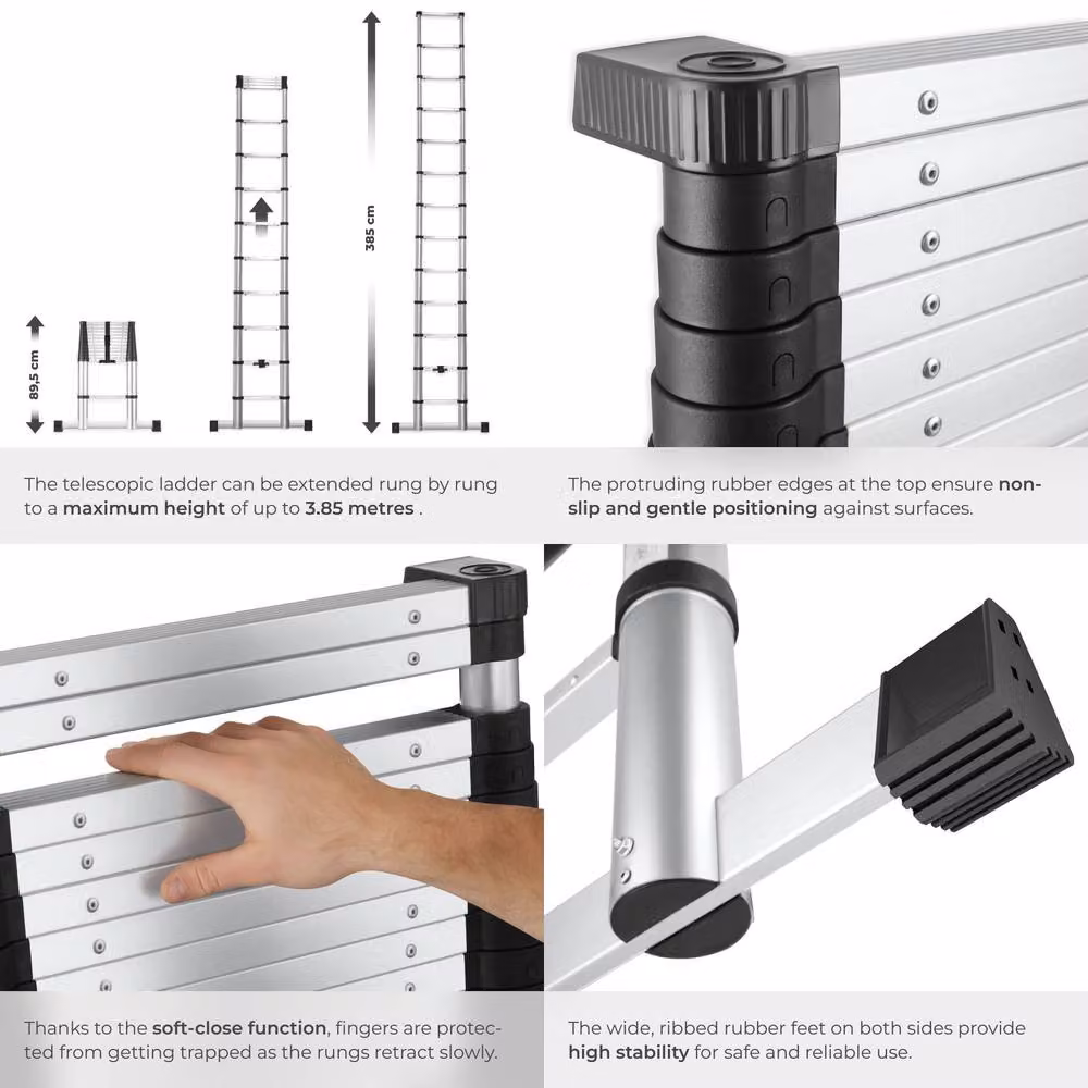 tectake 13-Step Telescopic Aluminium Ladder with Non-Slip Rubber Feet in Silver, 3.85 m – 4