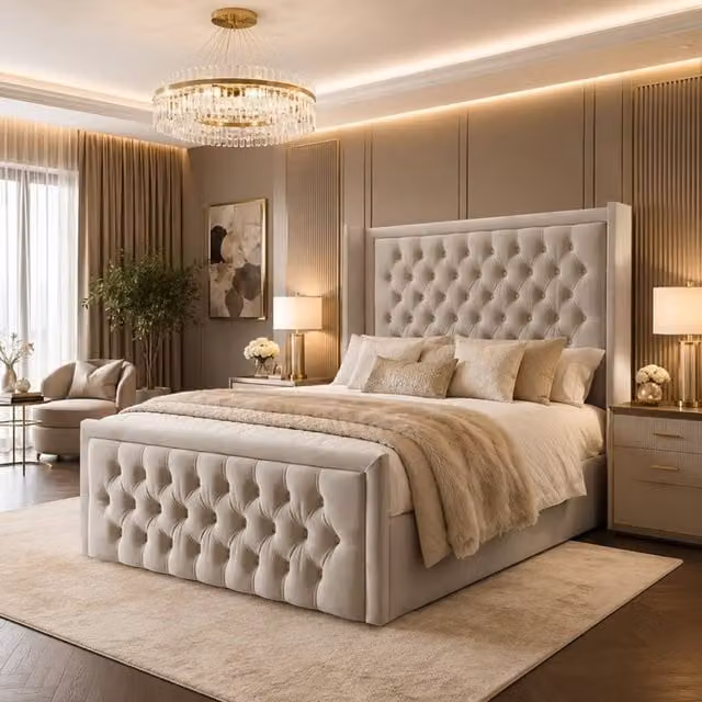 Desire Deco Sandra Wingback Ottoman Storage Bed Frame in Light Beige Plush Velvet, King Size (180 x 200 cm)