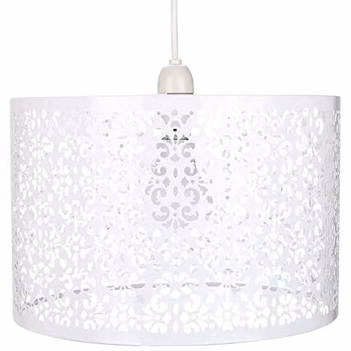 Happy Homewares Moroccan Designed White Metal Circular Pendant Light Shade with Floral Decor, Diameter: 40 cm