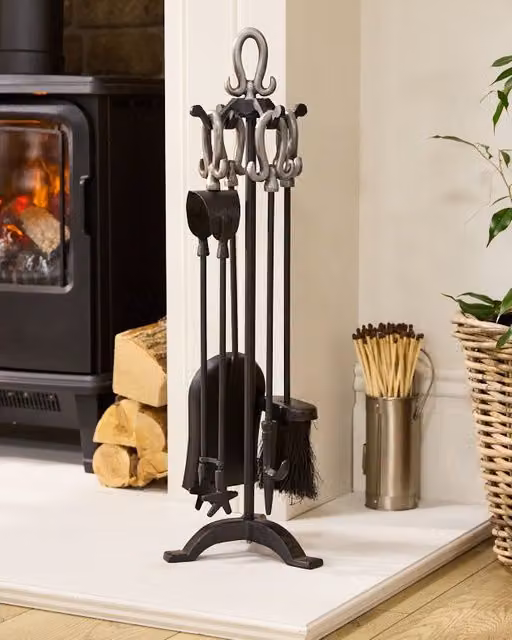 Dibor Traditional 5-Piece Freestanding Silver Metal Fireside Companion Set – 1