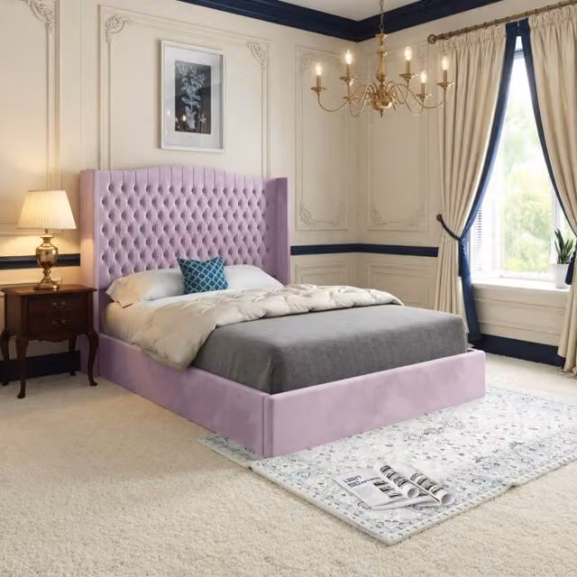 Casani Rousdon Winged Upholstered Pink Velvet Designer Bed Frame, W/D/H: 90 x 190 x 137 cm