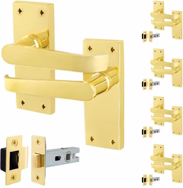 AFIT Polished Brass Door Handles with Latch, 5 Pairs in Gold, W/D/H: 15 x 15 cm – 1