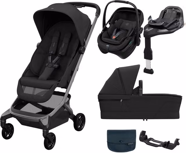 Maxi-Cosi Fame Cabin Pushchair Bundle with Coral Slide Pro Car Seat, Isofix Base, Carrycot and Adapters, Onyx Black (5 Pieces)