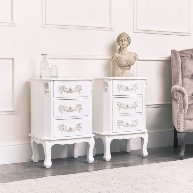 Melody Maison Pays Blanc Range Pair of Antique White 3 Drawer Bedside Tables with Gold Floral Details