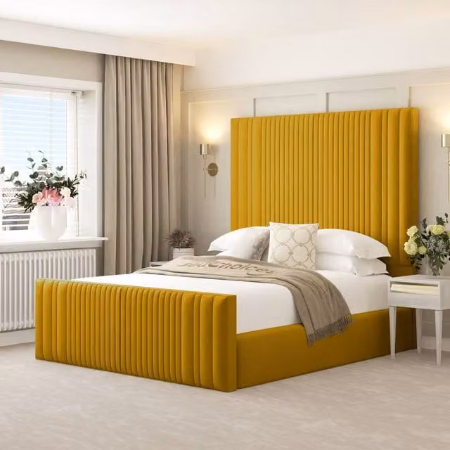 Bed Choices Aspire Upholstered Ottoman Bed Frame with Gas Lift Storage and 70 inch Headboard in Yellow Velvet, Size: Double (140 x 200 cm)