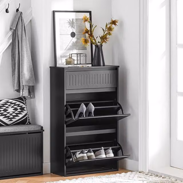 SoBuy Modern Black Shoe Cabinet with 2 Tilting Compartments and Pull Out Drawer