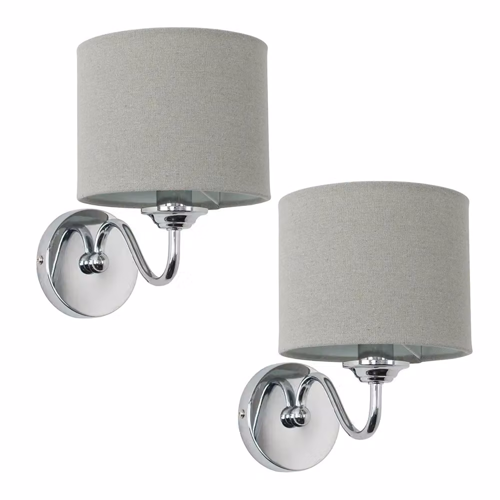 ValueLights Rocha Pair of Silver and Chrome Modern Indoor Wall Lights with Grey Fabric Shades – 2