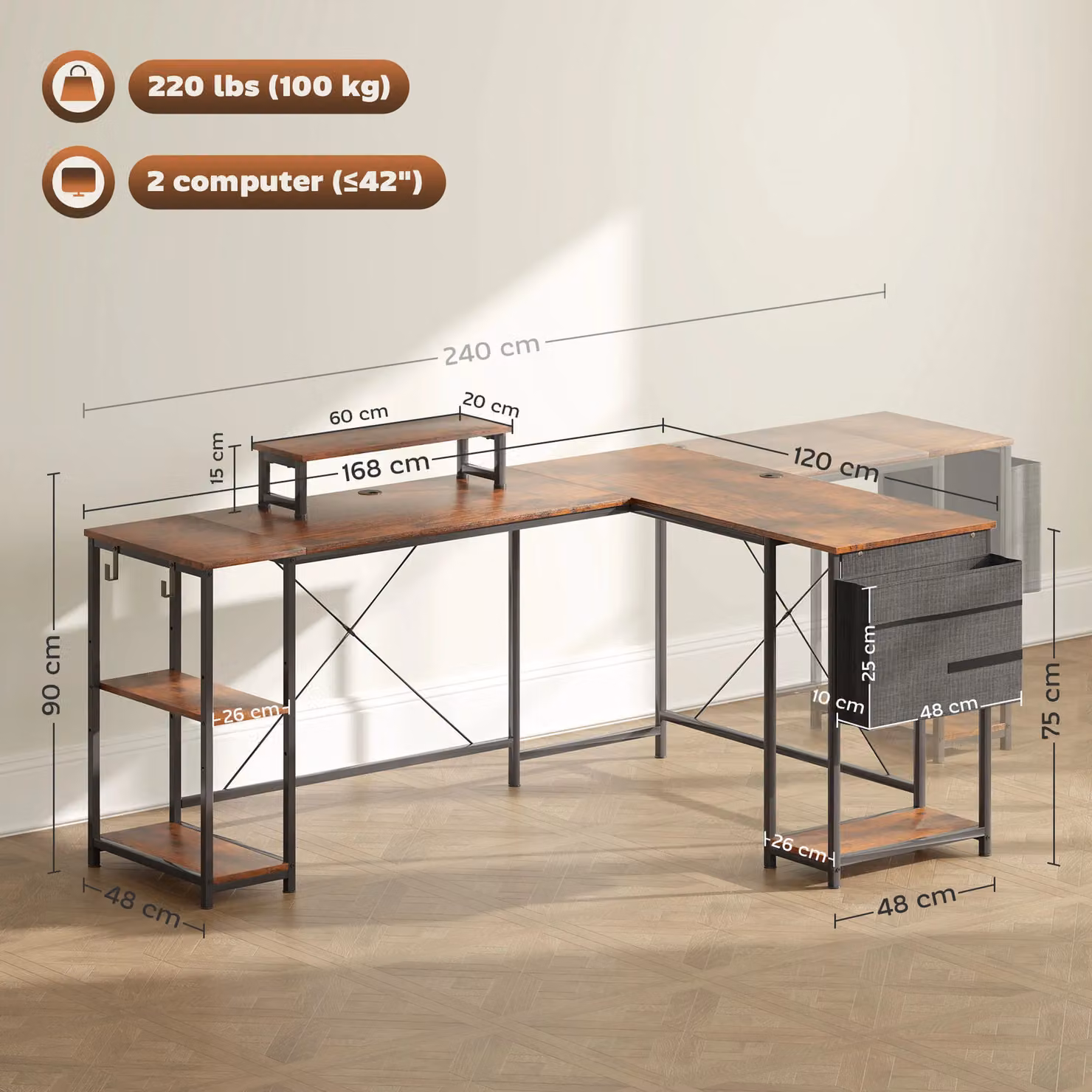 HOMCOM Reversible L Shaped Corner Desk for Two People in Brown – 3