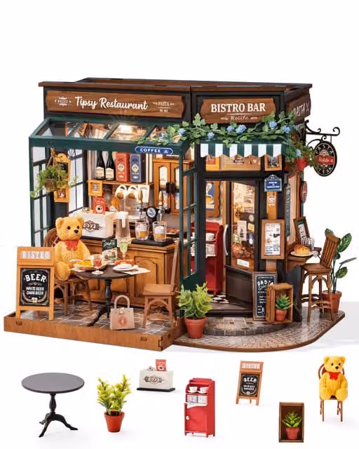 Syntego Tipsy Restaurant 3D Wooden Puzzle Miniature Dollhouse Model Kit in Brown, Orange and Multicolour
