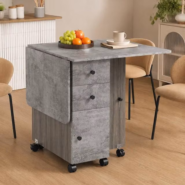 STILVORA Modern Grey Drop Leaf Dining Table with Castors