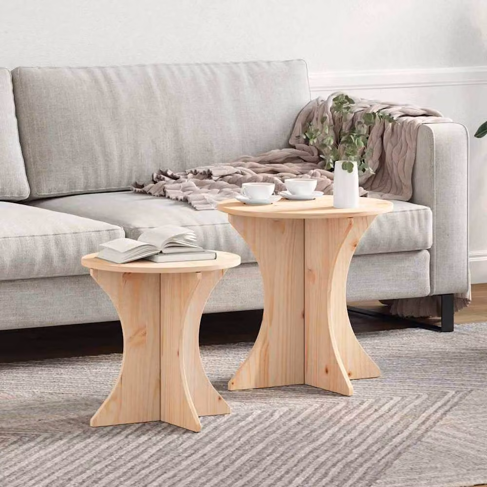 Berkfield Home Set of 2 Round Nested Coffee Tables in Light Tan Natural Solid Pine Wood – 2