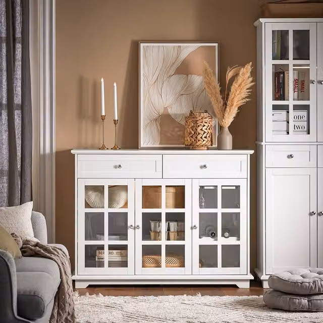 SoBuy White Farmhouse Sideboard with Glass Doors and Silver Accents – 1