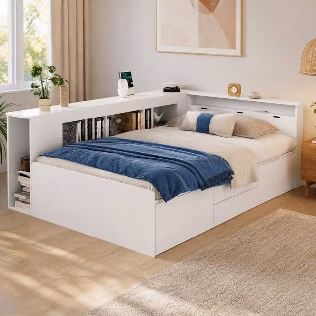 STILVORA Single Bed Frame with Storage Drawers and Bedside Shelf, White, W/D/H: 90 x 190 cm – 1