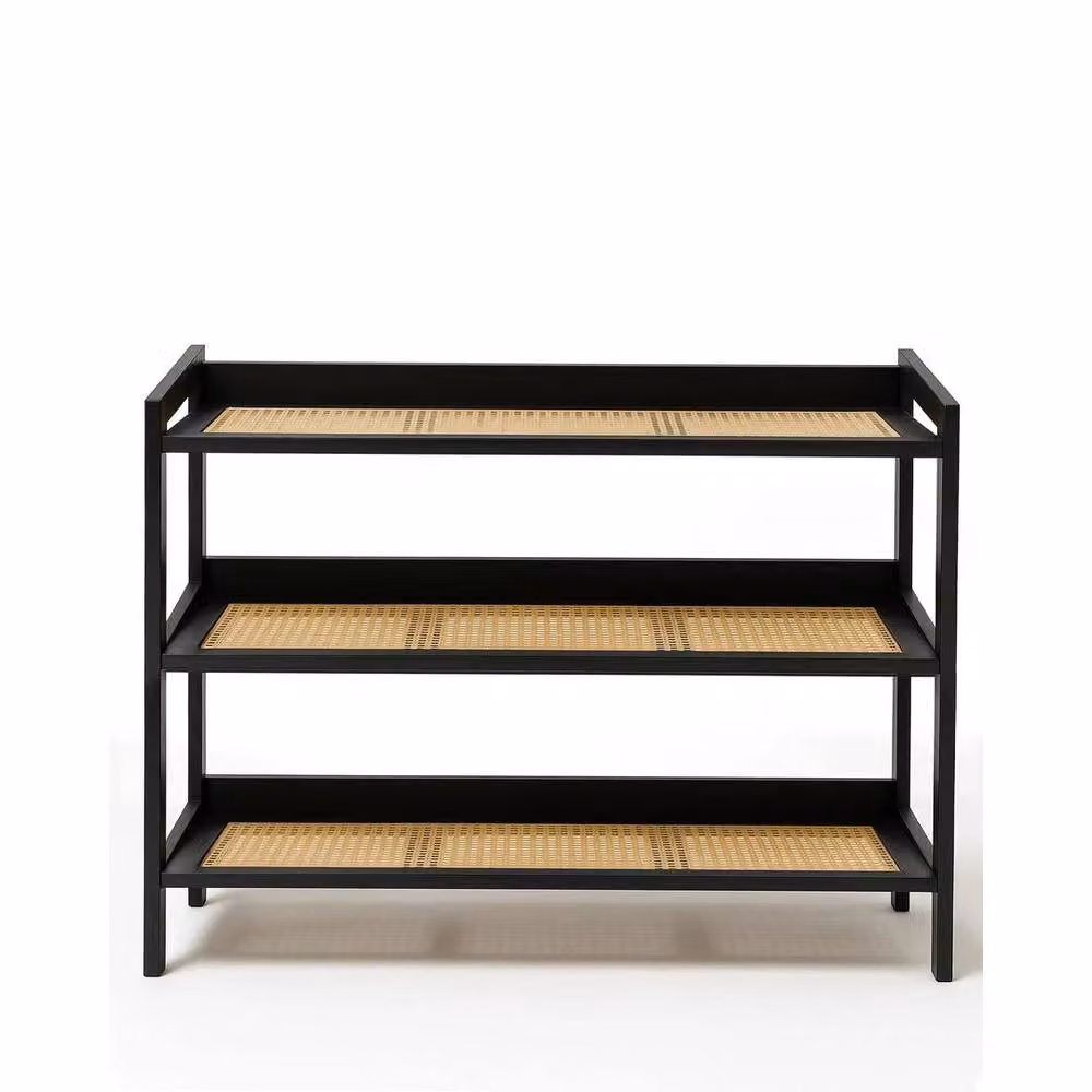FORGEVIO Black 3-Tier Bamboo and Rattan Shoe Rack with Rustic Geometric Design – 3