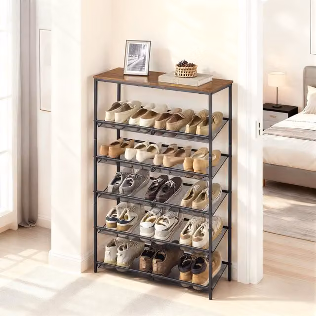 VASAGLE 6-Tier Freestanding Shoe Rack with Shelves in Rustic Brown and Black, W: 75 cm, D: 28 cm, H: 114 cm