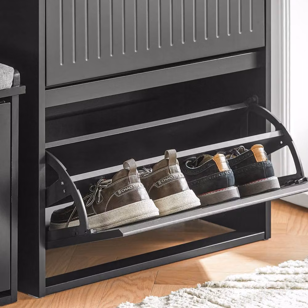 SoBuy Slim Black Matt Shoe Cabinet with Tilting Compartments and Internal Shelves – 5