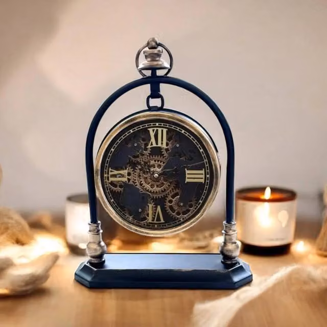 VOGREX Modern Round Mantel Gear Clock with Silent Sweep Movement in Black, Gold and Multicolour Metal