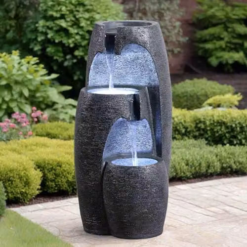 Teamson Home Modern 3-Tier Cascading Urn Outdoor Water Feature with LED Lights, Black – 3