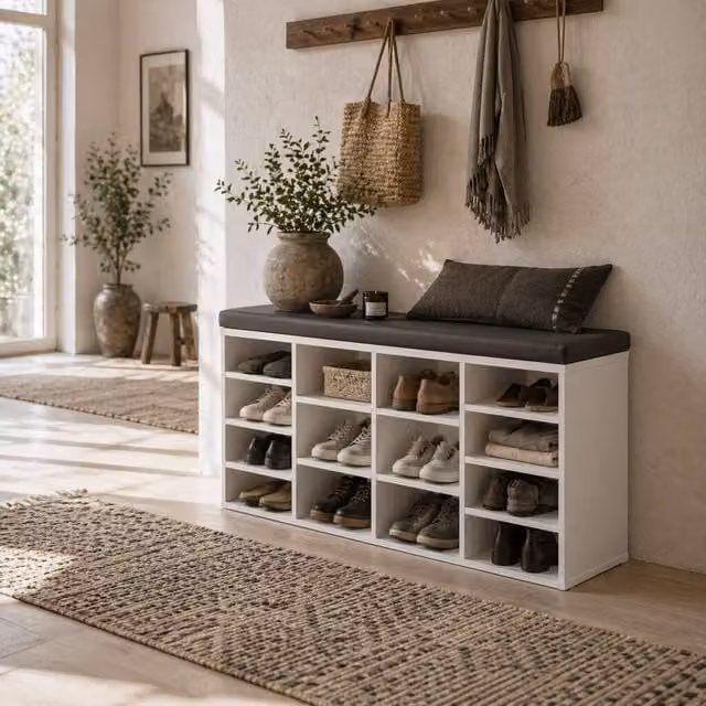 Wyld Haus Noro White 14 Compartment Shoe Rack with Grey PU Cushion, W/D/H: 103.5 x 30 x 48 cm