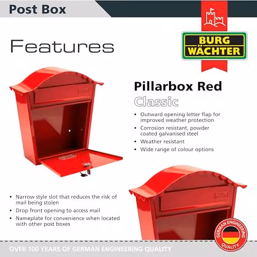 Burg-Wächter Red Classic Wall Mounted Galvanised Steel Lockable Weatherproof Post Box W: 36 cm, H: 37 cm, D: 13 cm – 2