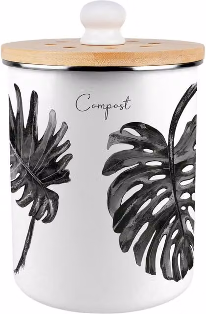 Purely Home Painted Leaves Metal Compost Caddy with Flip Lid, 2L, Black and White