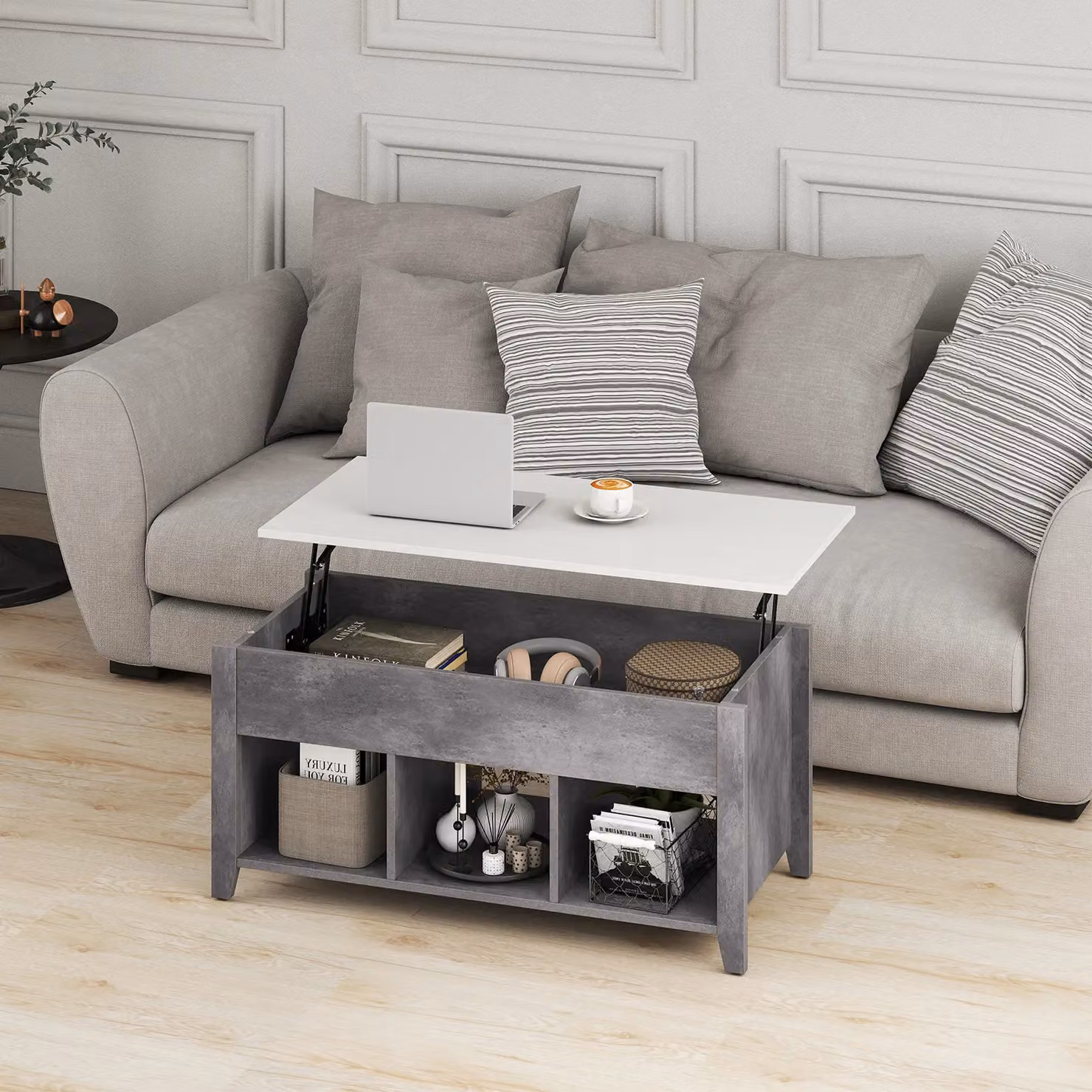 Gymax Grey Lift Top Coffee Table with Rising Mechanism – 3