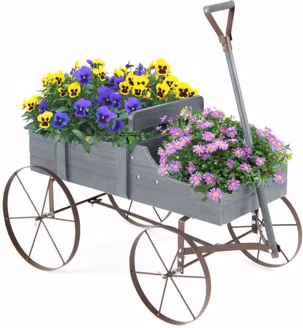 Gymax Wood Wagon Flower Planter with Wheels in Grey, W/D/H: 62 x 34 x 60 cm