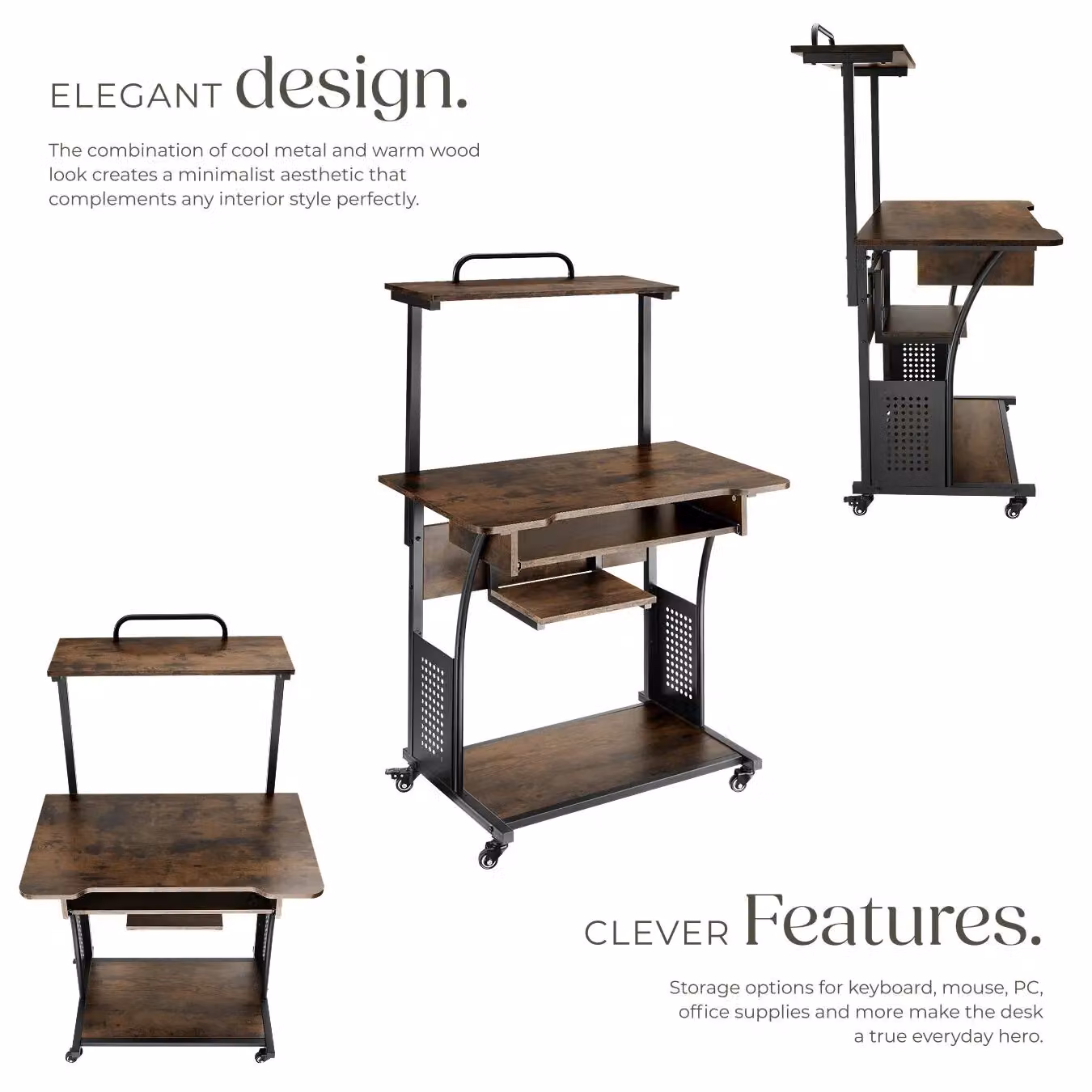 tectake Fife Computer Desk with 3 Levels, Attachable Shelf, Keyboard Tray and Castors in Brown – 3