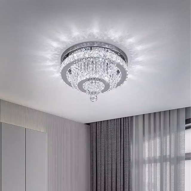 Komore Silver Round Suspended Ceiling Light with Double Crystal Rings and Stainless Steel Pendants