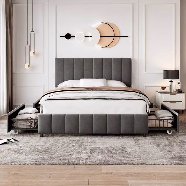 Matteo Double Velvet Upholstered Bed Frame with 4 Drawers in Grey, W/D/H: 140 x 200 cm – 1