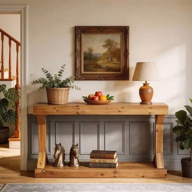 SPETLEK Solid Wood Retro Style Console Table with Bottom Shelf in Brown – 1
