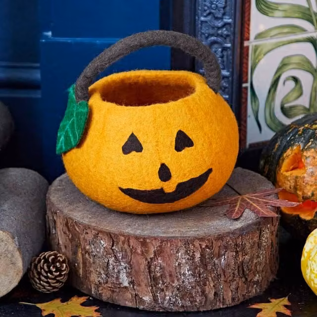 Paper High Orange Halloween Pumpkin Trick or Treat Basket with Handles